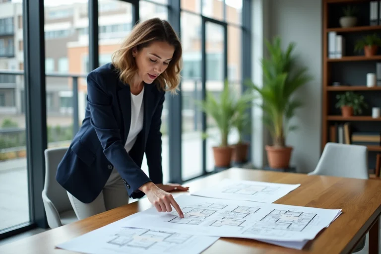 Femme agent immobilier analysant des plans architecturaux dans une agence moderne