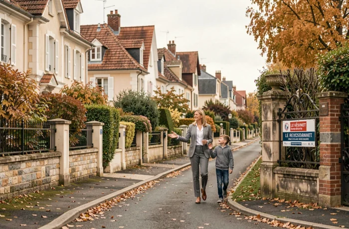 Agent immobilier présentant une villa du Vésinet à une famille, dans une rue résidentielle typique de cette commune prisée desservie par le RER A