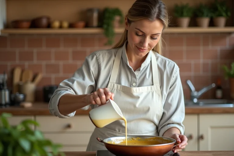 Cheffe cuisinière versant de la crème de cajou en alternative à la noix de coco dans un curry maison
