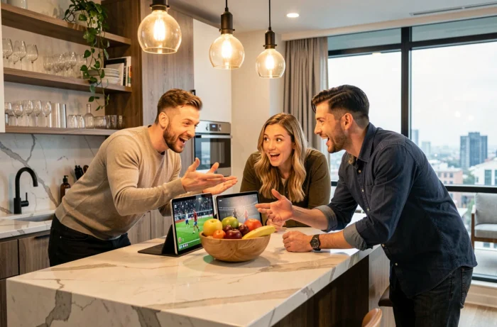 Groupe d'amis regardant un match de football en streaming sur une tablette dans une cuisine moderne