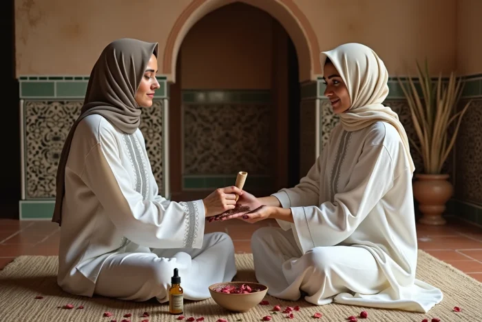 Application traditionnelle de henné sur la main droite dans un cadre marocain, rituel et symbolisme culturel
