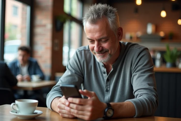 Homme recevant une notification d'approbation de crédit en ligne sur son smartphone dans un café