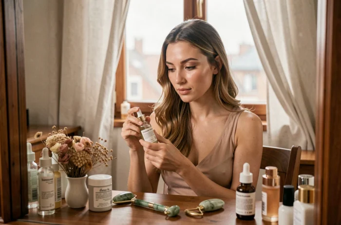 Jeune femme inspectant un sérum beauté à sa coiffeuse entourée de produits de soin soigneusement disposés