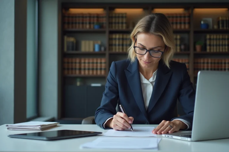 Avocate professionnelle analysant des documents juridiques dans un bureau moderne en 2025