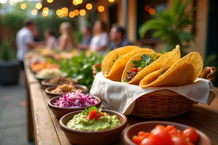 Bar à tacos convivial avec garnitures maison disposées en bols sur une longue table — guacamole, viandes, légumes, tortillas chaudes