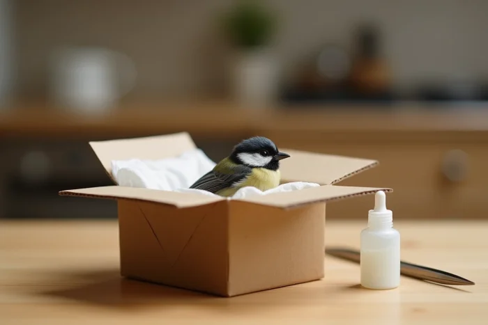 Boîte de secours improvisée avec un bébé mésange et matériel de soins artisanaux