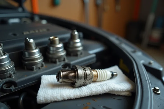 Bougie d'allumage encrassée retirée d'un moteur tournant sur trois cylindres