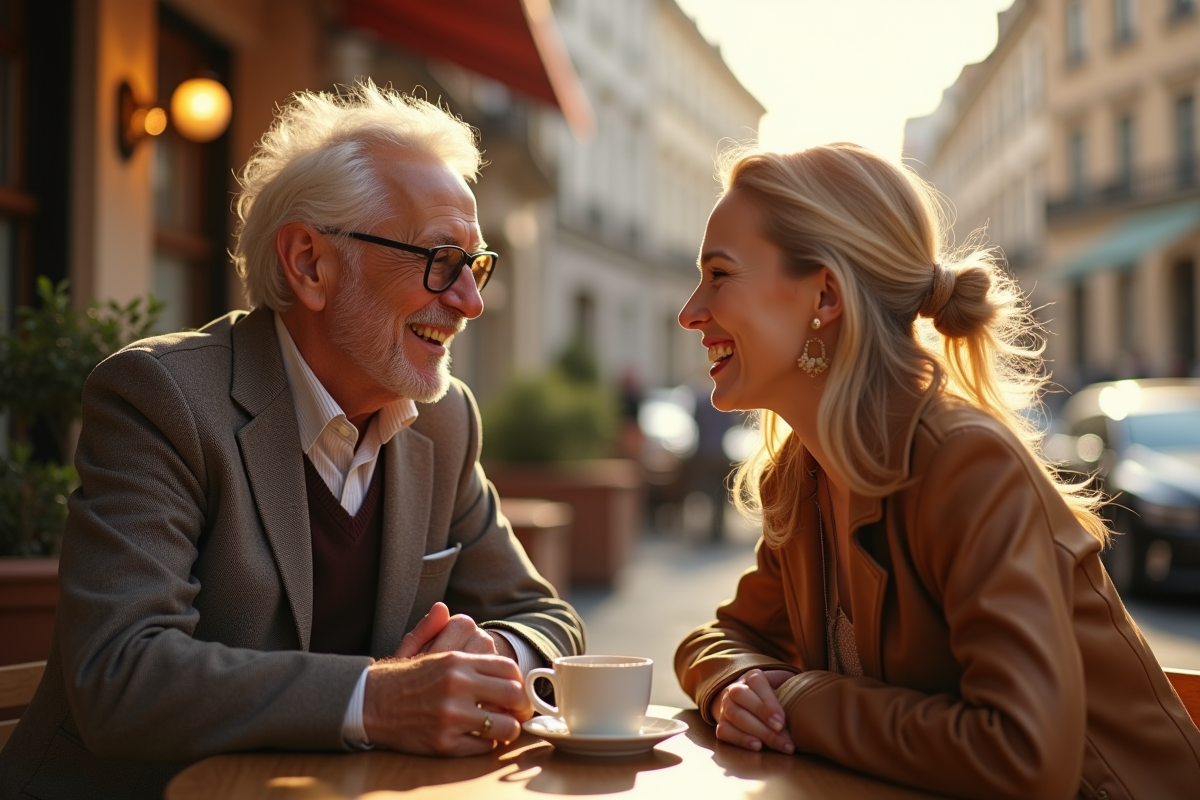 Homme plus âgé et jeune femme souriant au café en ville