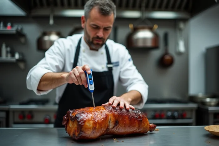 Chef professionnel utilisant une sonde de température métal détectable pour vérifier la cuisson d'un rôti de porc en cuisine industrielle