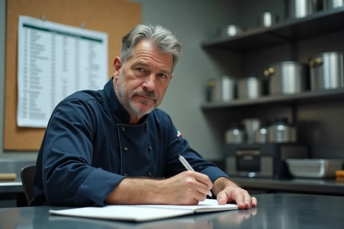 Chef cuisinier consultant un tableau de conversion grammes en litres dans une cuisine professionnelle