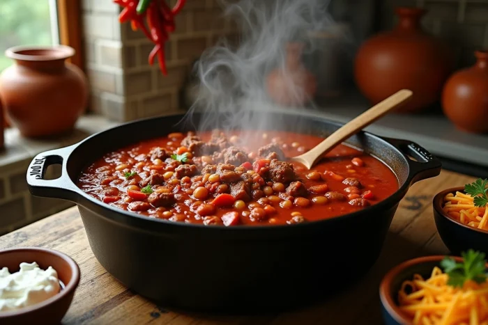 Grande cocotte en fonte de cinq litres remplie de chili con carne fumant aux haricots rouges et bœuf haché, posée sur une table en bois rustique