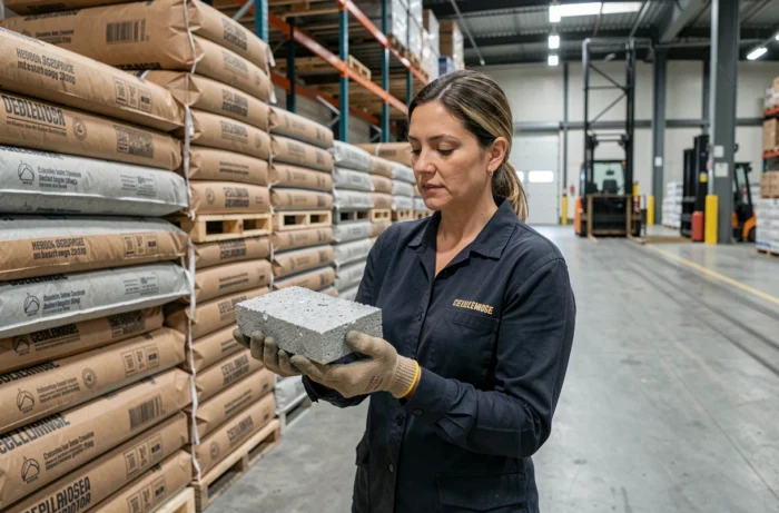 Responsable achats inspectant un échantillon de ouate de cellulose en vrac dans un entrepôt industriel avec des palettes de sacs en arrière-plan