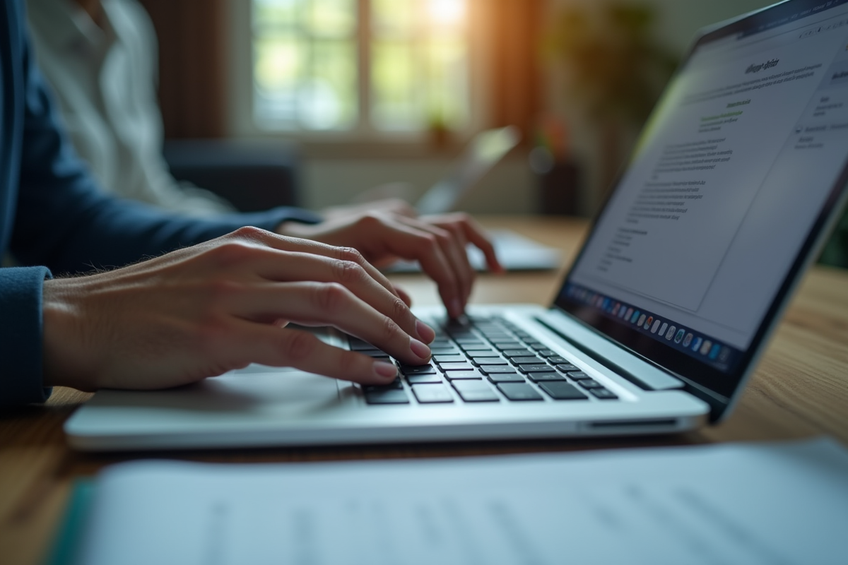 Mains tapant un email officiel sur un clavier d