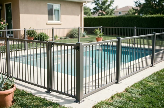 Clôture de piscine en aluminium anthracite avec portillon sécurisé autour d'une piscine résidentielle moderne