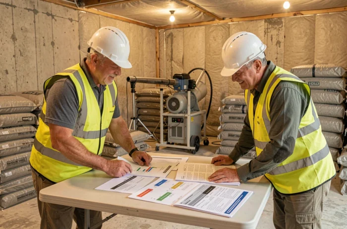 Deux consultants en construction comparant des fiches techniques de fournisseurs de ouate de cellulose dans un chantier de rénovation