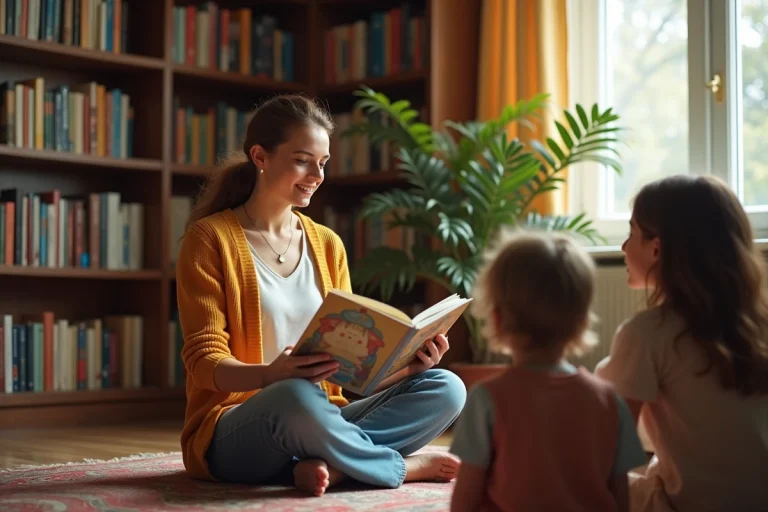 Une femme raconte une histoire illustrée à des enfants assis en cercle dans une bibliothèque chaleureuse remplie de livres colorés
