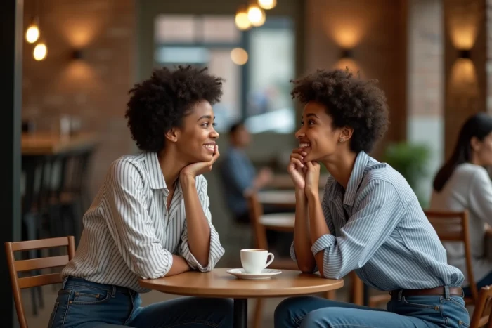 Une jeune femme raconte une histoire avec enthousiasme à une amie attentive dans un café parisien au décor de briques apparentes