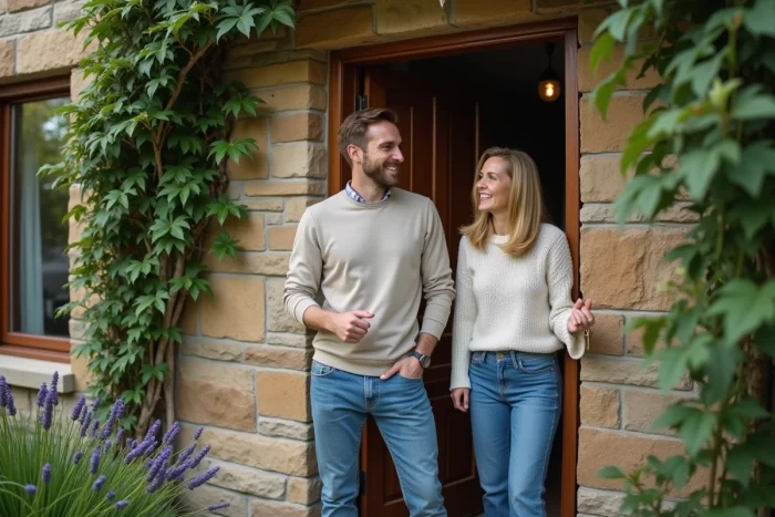 Couple heureux devant leur nouvelle maison en pierre après l'achat immobilier