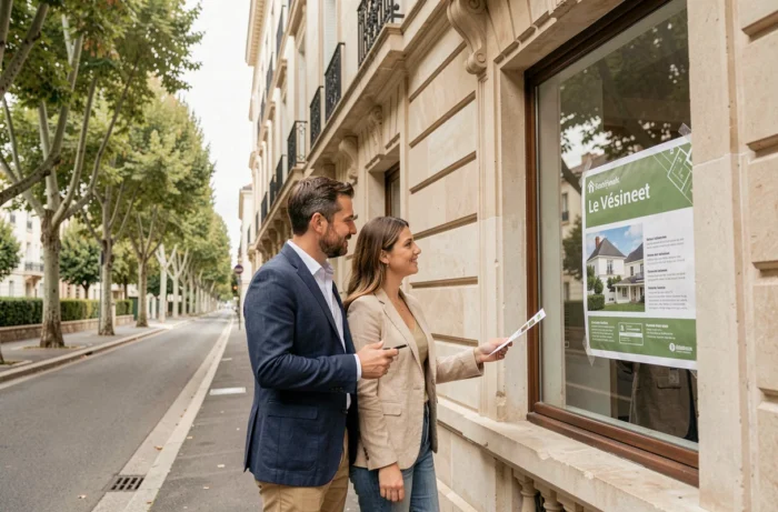 Couple consultant une vitrine d'agence immobilière devant une façade haussmannienne au Vésinet, reflet de l'attractivité du marché immobilier lié au RER A