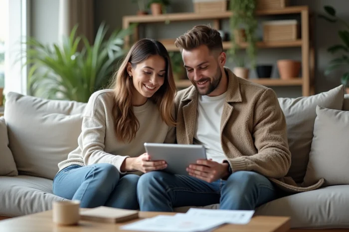 Couple consultant un contrat de crédit en ligne sur une tablette dans leur salon moderne