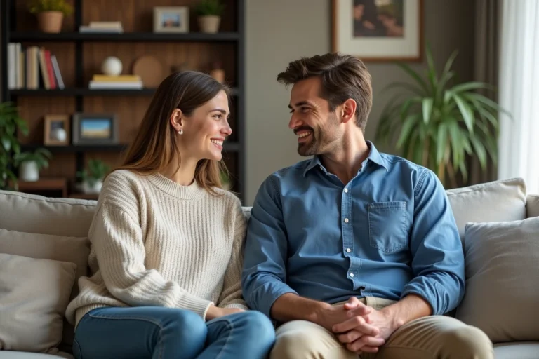 Couple assis sur un canapé dans un salon chaleureux