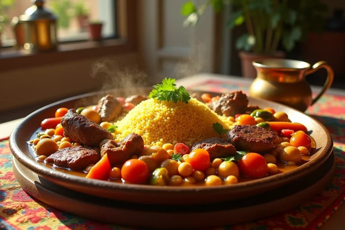 Grand plat de couscous royal aux trois viandes — agneau, poulet et merguez — garni de légumes mijotés sur un plateau céramique
