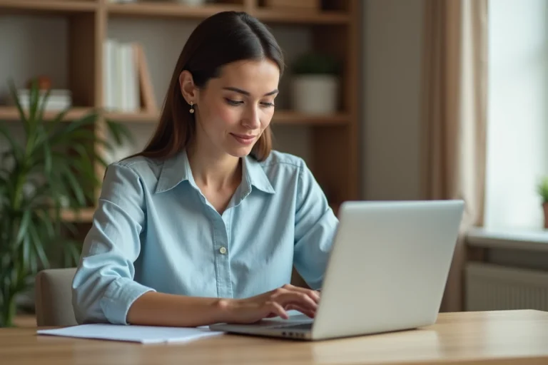 Femme créant un compte en ligne sur un ordinateur portable pour faciliter ses démarches administratives