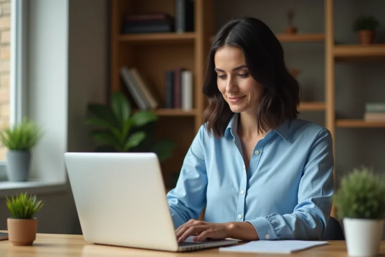 Femme en train de faire une demande de crédit en ligne sur un ordinateur portable à son bureau à domicile