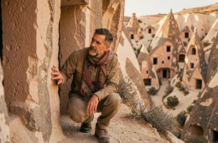 Voyageur explorant les habitations troglodytiques taillées dans la roche volcanique de Cappadoce en Turquie