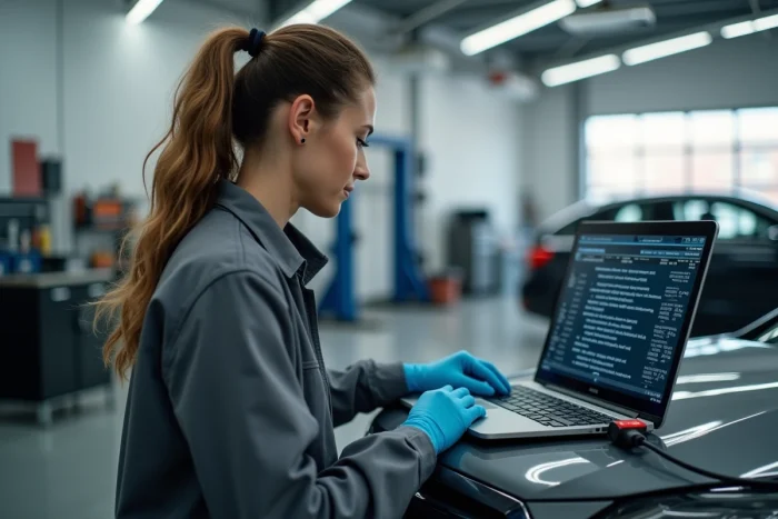 Technicienne automobile diagnostique les codes de défaut d'un moteur sur trois cylindres