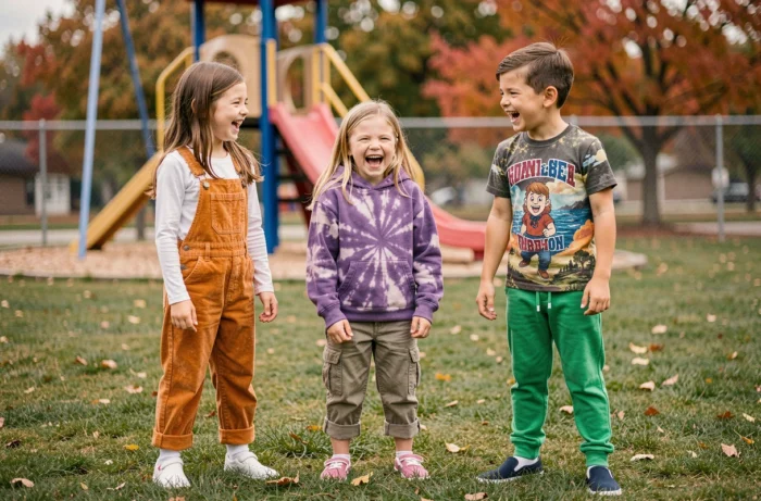 Trois enfants habillés en tenues colorées et tendance riant ensemble dans une cour d'école en automne