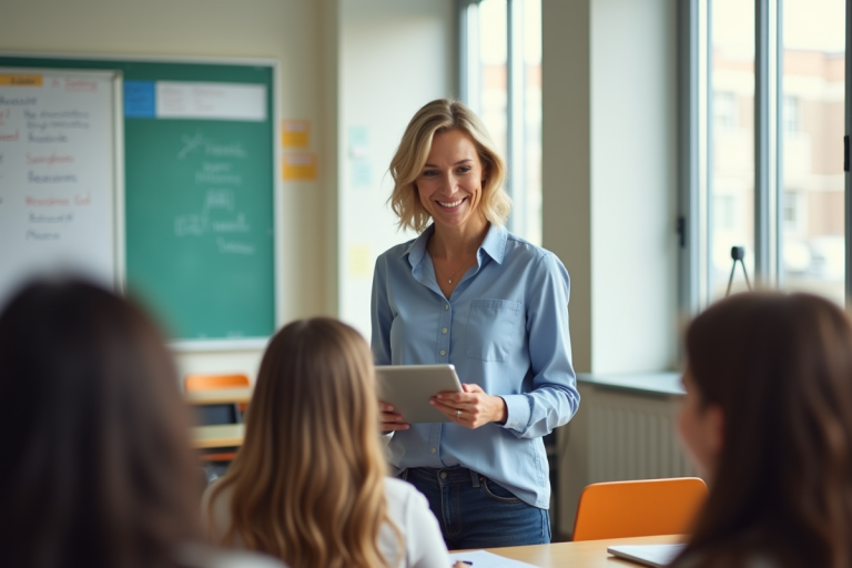 Enseignant souriant dans une classe lumineuse avec tablette