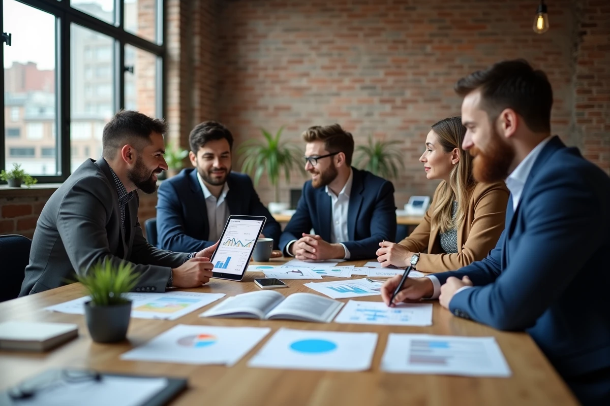 Groupe de professionnels en réunion dans un espace coworking créatif