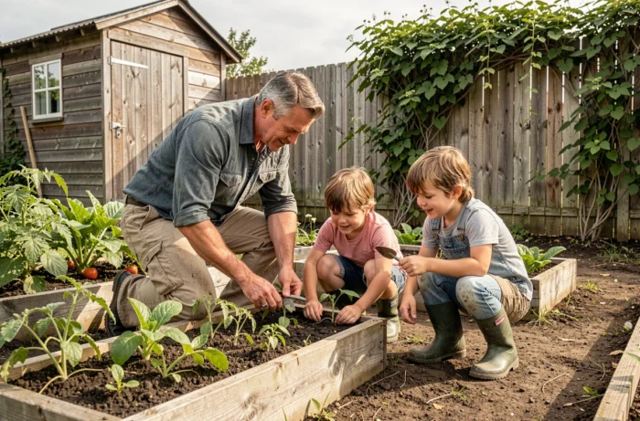 Père et enfants jardinent ensemble dans le potager familial lors d'un après-midi authentique