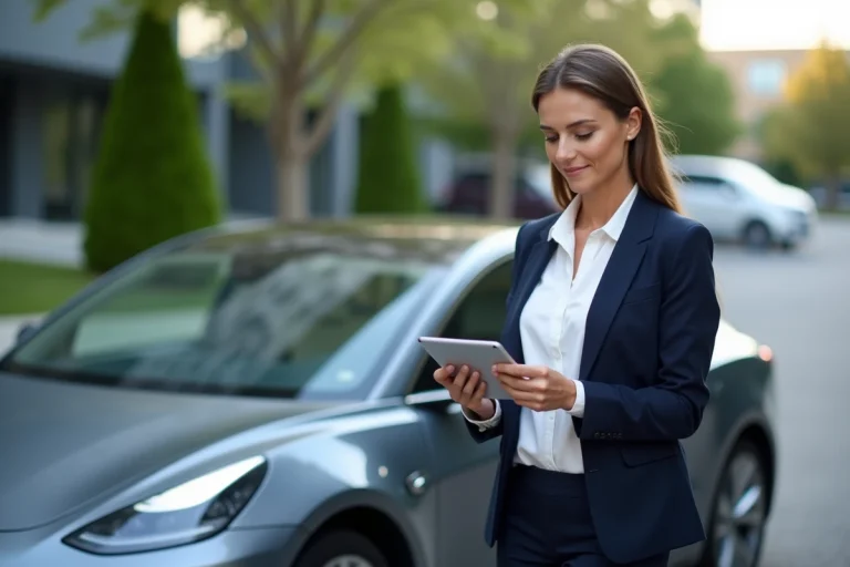 Femme d'affaires confiante avec voiture électrique en extérieur