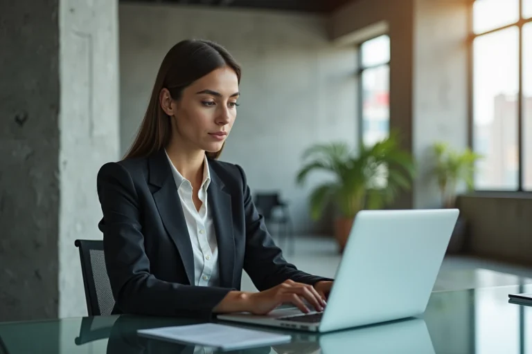 Femme d'affaires concentrée devant son ordinateur dans un bureau moderne