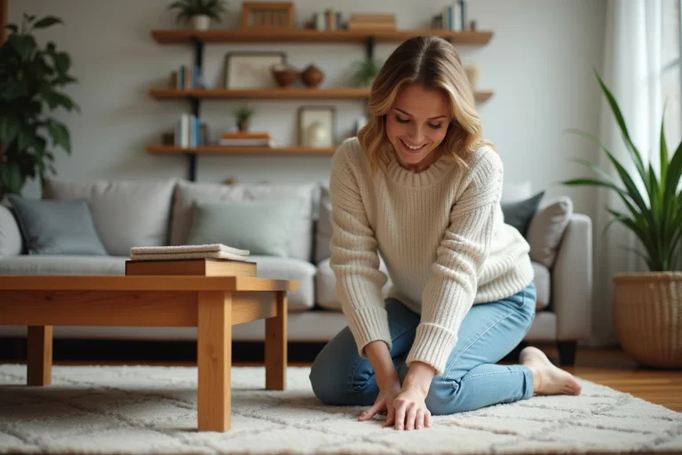 Femme posant des patins sur un meuble en bois dans un salon