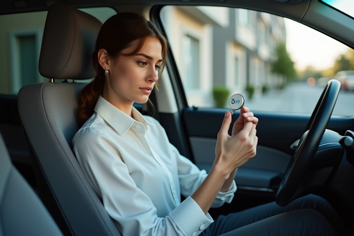 Jeune femme regarde un badge Verisure dans une voiture