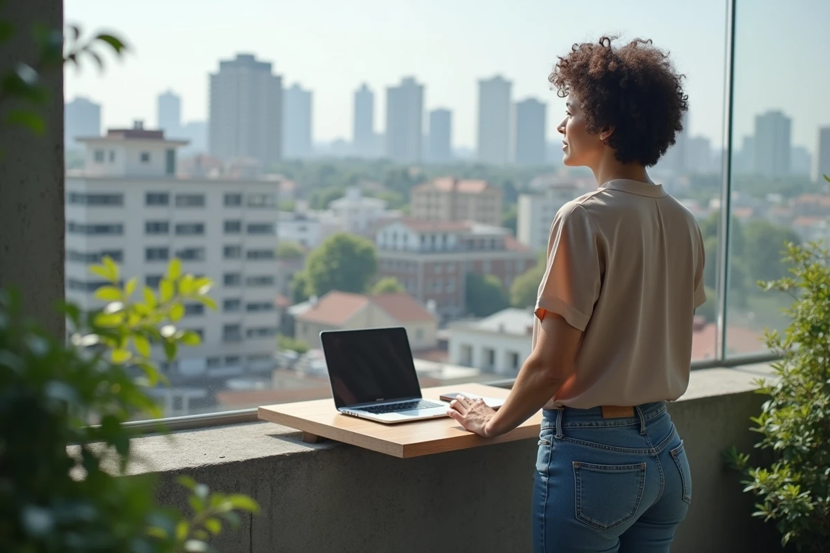 Femme contemplant la ville depuis son balcon urbain