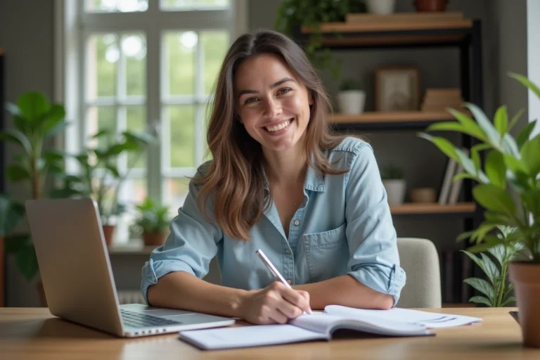 Femme souriante travaillant dans un bureau à domicile