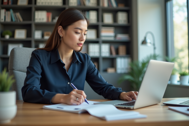 Femme professionnelle au bureau travaillant sur son ordinateur