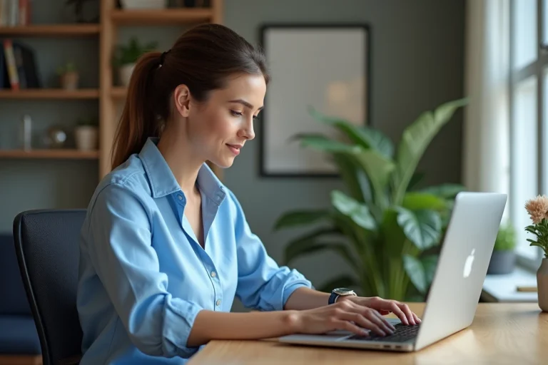 Femme au bureau utilisant Zimwebmail sur son ordinateur