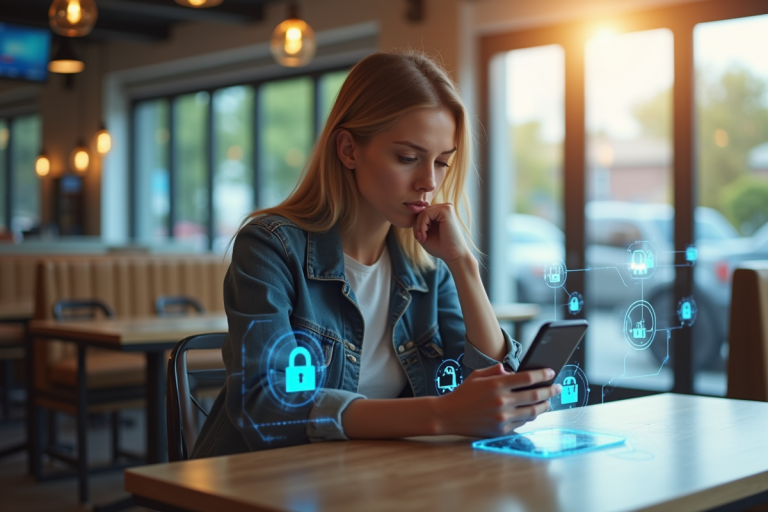Femme préoccupée utilisant son smartphone dans un café avec hologrammes de cadenas