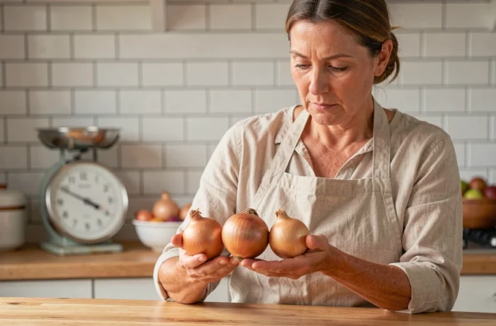 Femme en tablier de lin comparant des oignons de différents calibres et poids dans une cuisine rustique avec balance vintage