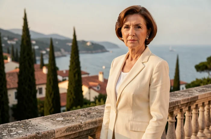 Femme élégante en veste crème debout sur une terrasse méditerranéenne avec vue sur la côte et les toits en tuiles
