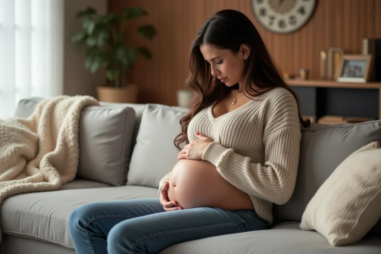 Femme enceinte assise dans un salon chaleureux