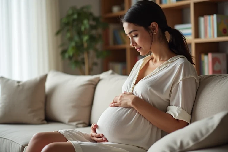 Femme enceinte assise dans un salon cosy touchant son ventre