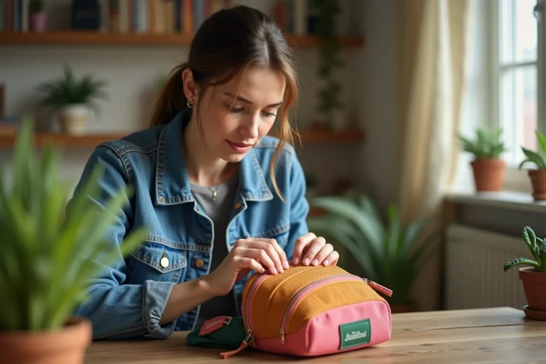 Femme en denim inspectant un sac à dos coloré intérieur