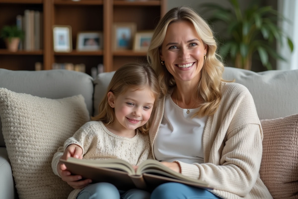 Femme souriante avec sa fille tenant un album photo