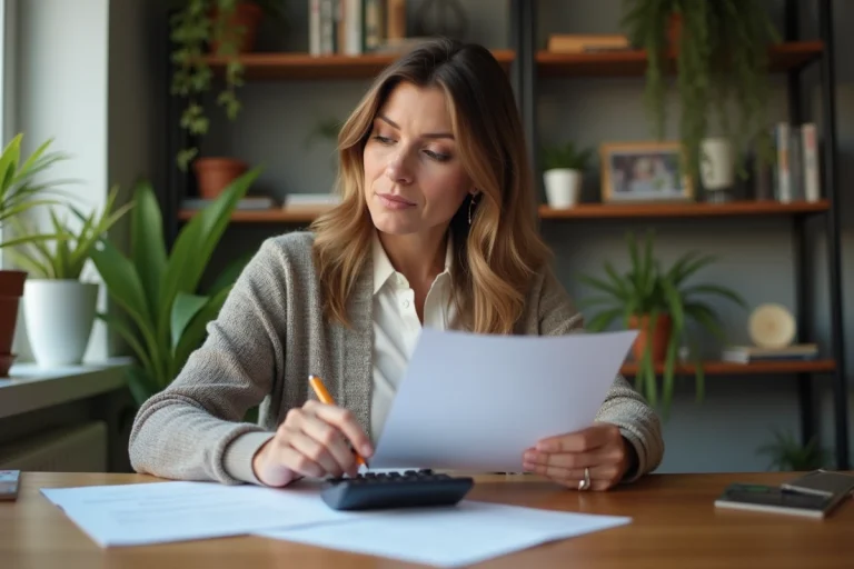 Femme d'âge moyen gérant ses finances à la maison